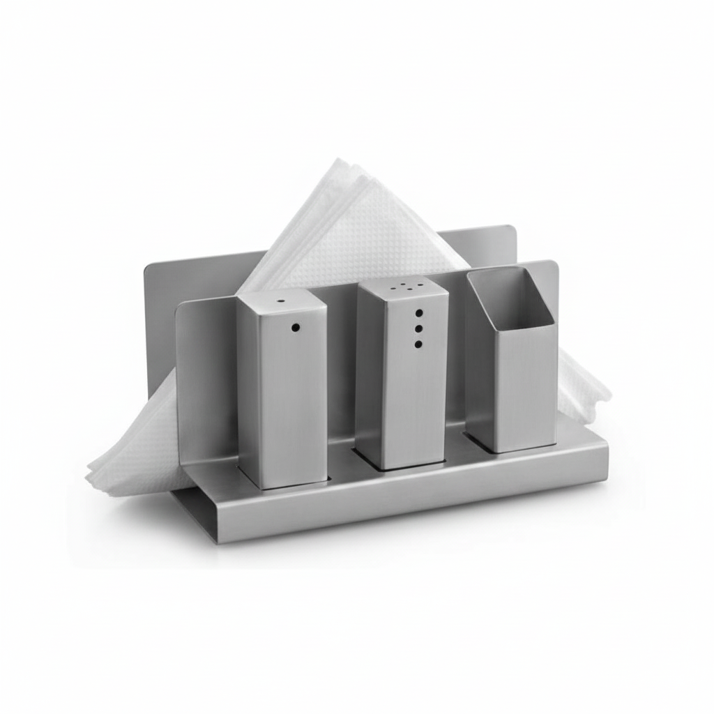 Stainless steel 4-in-1 napkin holder set with salt and pepper shakers and toothpick holder for hotel tableware