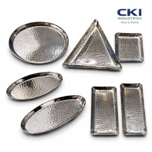 Hammered stainless steel serving platter available in oval, round, square and rectangular shapes