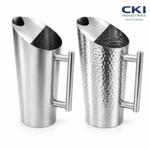 Stainless steel hotelware water serving jug pitcher with smooth and hammered finish for professional dining