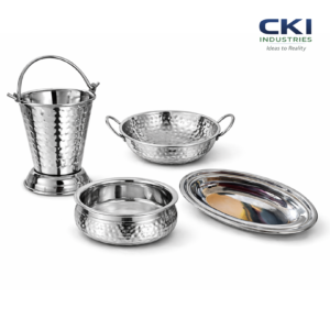 Stainless steel hotelware serving handi bucket and kadai with hammered design