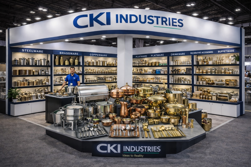 CKI Industries hotelware display stall showcasing steel, copper and brass hotelware products including chafing dishes, cookware and serving ware